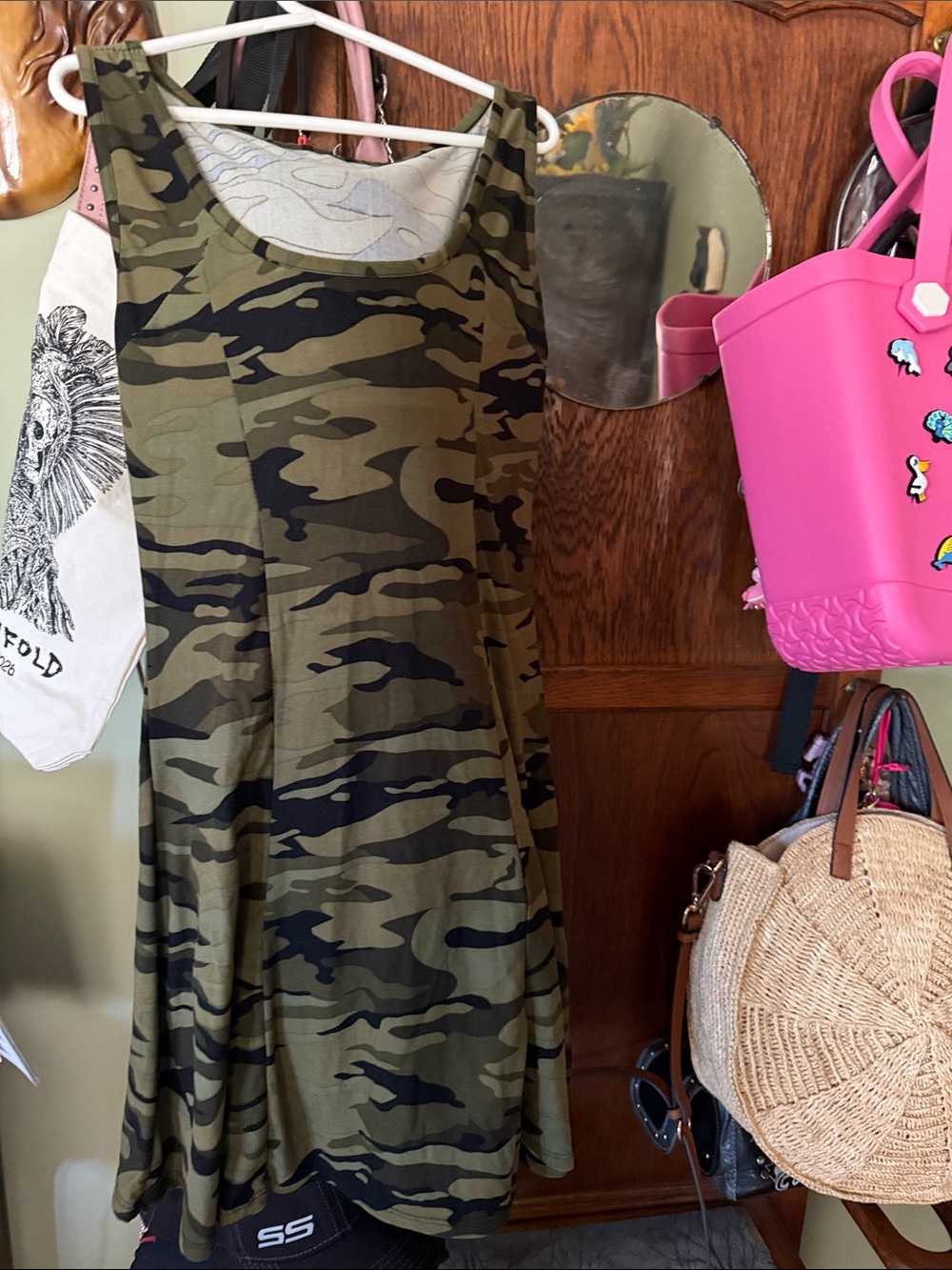 Sleeveless Camo A-Line Dress - Olive Green